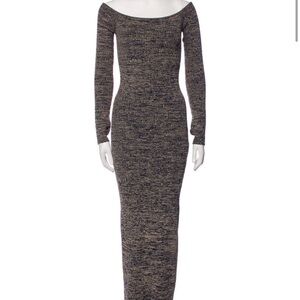 Off-Shoulder Long Sleeve Ribbed Maxi Dress - Black & Cream Marled